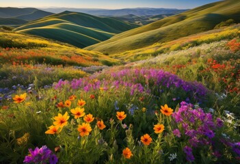 Obraz premium vibrant wildflowers blanket rolling hills full bloom landscape, colorful, hillside, meadow, picturesque, countryside, scenic, floral, field, grassy, beautiful