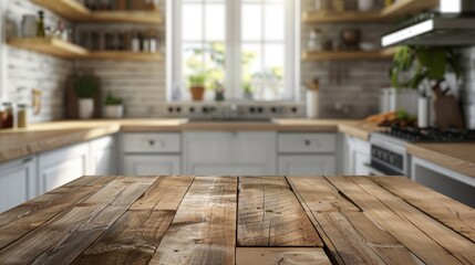 Wooden table perspective over a softly blurred kitchen interior ideal for product montages