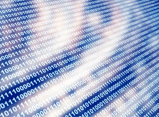Fototapeta premium Horizontal futuristic background with binary code and abstract circuit board. Global communication, cyber technology and networking concept. 3d render