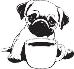 Cute Pug Dog with Coffee Mug Graphic Icon Adorable Pug with Coffee Mug Cartoon Vector