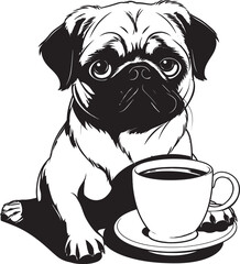 Playful Pug Dog with Coffee Graphic Logo Sweet Pug with Coffee Mug Cartoon Vector
