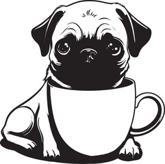 Joyful Pug Dog with Coffee Vector Logo Whimsical Pug with Coffee Mug Cartoon Graphic