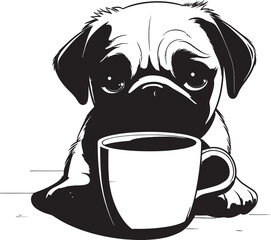 Cheerful Pug Dog and Coffee Vector Icon Happy Pug with Coffee Mug Logo Art
