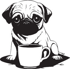 Lovable Pug with Coffee Mug Vector Art Joyful Pug Dog with Coffee Graphic Design