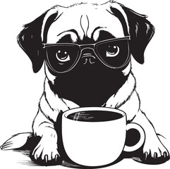 Lovable Pug with Coffee Mug Graphic Icon Joyful Pug Dog with Coffee Vector Logo
