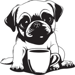 Playful Pug and Coffee Cartoon Icon Sweet Pug Dog with Coffee Vector Graphic