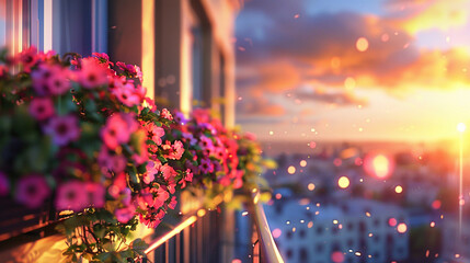 Summer flowers on the balcony or terrace, city view, and sunset in the background