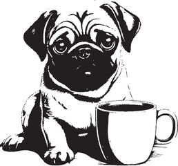 Lovable Pug Dog with Coffee Mug Graphic Design Joyful Pug Dog with Coffee Mug Cartoon Vector