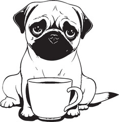 Pug and Coffee Mug Vector Art Cute Pug Dog Logo with Coffee