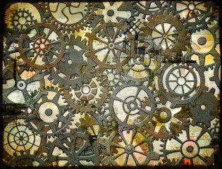 Horizontal or vertical grunge background with retro gears. Vintage transmission cogwheels and...
