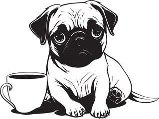 Happy Pug Dog Logo Icon Endearing Pug with Coffee Cup