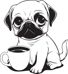 Cute Pug Dog and Coffee Cartoon Design Sweet Pug with Coffee Icon Graphic