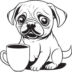 Cartoon Pug with Coffee Mug Vector Pug and Coffee Design
