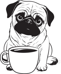 Cheerful Pug with Coffee Mug Cartoon Graphic Happy Pug and Coffee Mug Logo Icon