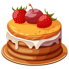Chocolate cream cake with white icing decorated with strawberries. Illustration on a white background