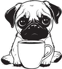 Cute Pug Dog and Coffee Vector Design Adorable Pug with Coffee Mug Cartoon Icon