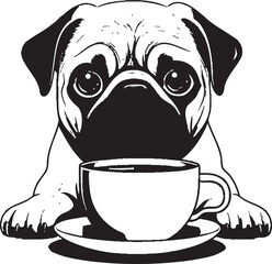 Playful Pug Dog with Coffee Graphic Logo Sweet Pug with Coffee Mug Cartoon Vector