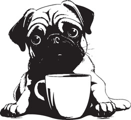 Cute Pug Dog with Coffee Mug Logo Art Adorable Pug with Coffee Mug Vector Icon