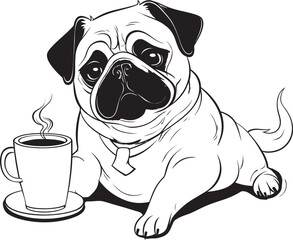 Charming Pug Dog Vector Icon Joyful Pug with Coffee Cartoon Logo