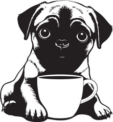 Joyful Pug Dog with Coffee Graphic Design Whimsical Pug with Coffee Mug Logo Vector