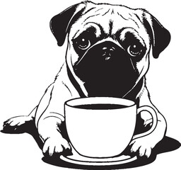 Playful Pug Dog with Coffee Graphic Design Sweet Pug with Coffee Mug Logo Graphic