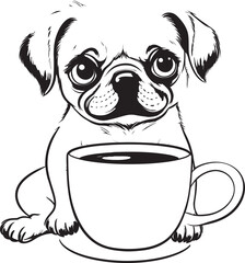 Delightful Pug Dog with Coffee Mug Vector Graphic Endearing Pug Dog with Coffee Mug Logo Art