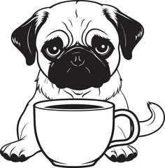Charming Pug Dog with Coffee Mug Logo Art Lovable Pug Dog with Coffee Mug Graphic Vector