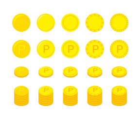 A set of illustration icons with shiny gold coins, points, gold, money, savings, and cash concepts.