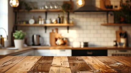 Wooden table top view with a blurred kitchen backdrop perfect for product montages