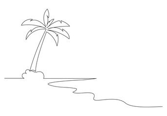 Continuous single one line art sketch drawing of beach sea with palm coconut tree tropical summer landscape vector illustration