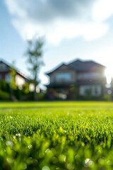 Green grass lawn against the backdrop of a beautiful house. Copy space