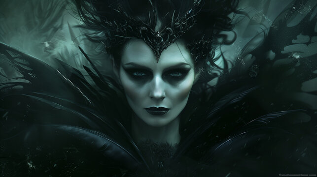 fantasy scary evil demon queen of the dark wearing crown with dark eyes looking at camera
