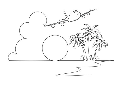 recommend clip art: Continuous single one line art sketch drawing of airplane flying over beach sea with palm coconut tree tropical summer landscape holiday travel vector illustration