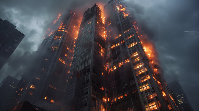High  fire burning skyscraper building