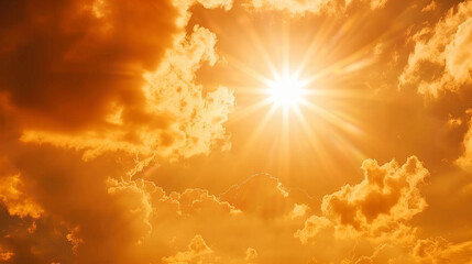 Sun shining in hot summer with yellow sky, Extreme heat wave, global warming concept