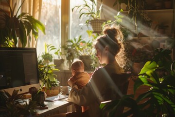 Obraz premium Young freelance mom with newborn baby works at computer at home in cozy atmosphere with indoor plants and soft light. Home comfort, combining work and motherhood, the idea of time management.