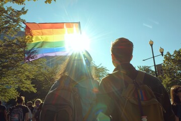 LGBTQ+ pride parade with people carrying rainbow flags symbolizing unity, diversity, and celebration, captured in a vibrant and colorful photograph