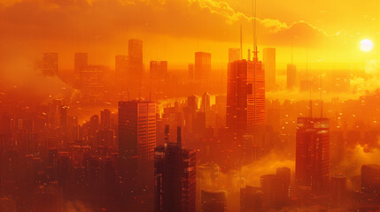 City with skyscraper during heat wave with orange sky, Climate change global warming concept