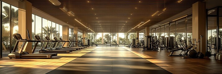  large gym with exercise equipment with sunlight, banner