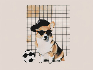 Corgi in sunglasses and baseball cap sit near a soccer ball. Creative idea. Collage pop art design, retro vintage. For fashion prints, home decor and social media.