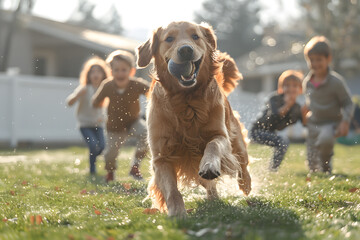 A friendly golden retriever playing fetch with happy family in sunlit backyard. Dog is running with ball in mouth, children laughing, scene is brightly lit, neutral green lawn and white fence.