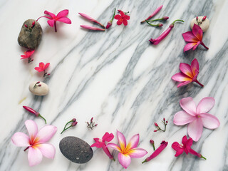 Design banner with flowers frame on white marble background