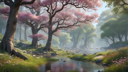Fantasy Forest Scene with Cherry Blossom Trees