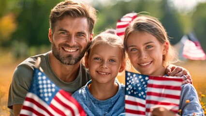 A happy family, a patriotic concept, holds an American flag. A studio portrait of a group. Conceptualization of Independence Day