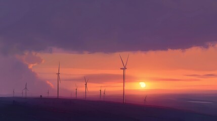 Obraz premium Wind Turbines on Hill at Sunset with Vibrant Sky and Cloudy Horizon