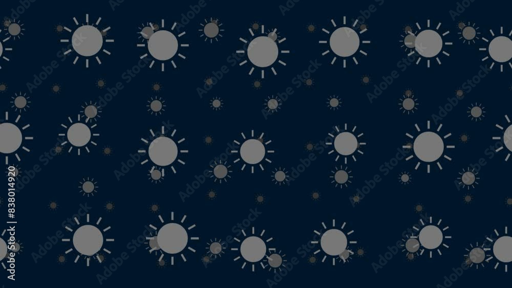 Poster suns float horizontally from left to right. parallax fly effect. floating symbols are located random