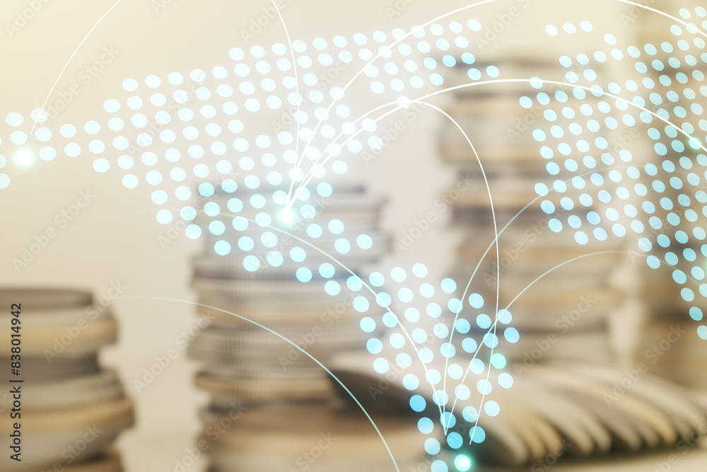 Poster abstract virtual world map with connections on stacks of coins background, international trading con