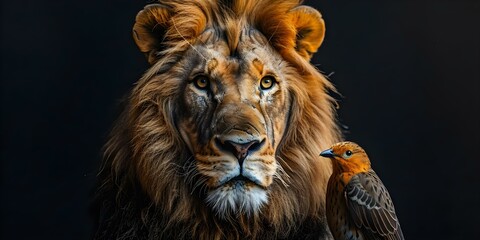 Pop art portrait of a lion and bird on black background. Concept Pop Art, Portrait, Lion, Bird, Black Background