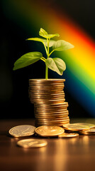 Gold coins with plants and rainbow