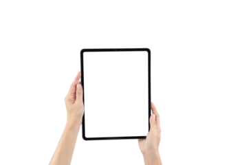 A person is holding a tablet with a white background
